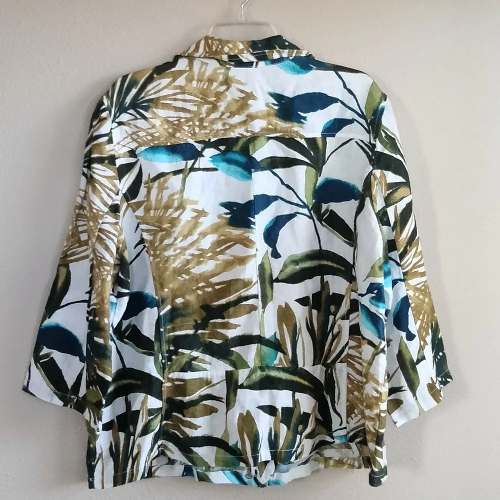 Chico's Size 3 US 16 / 18 Tropical Print Jacket 100% Linen 3/4 Sleeve Multi